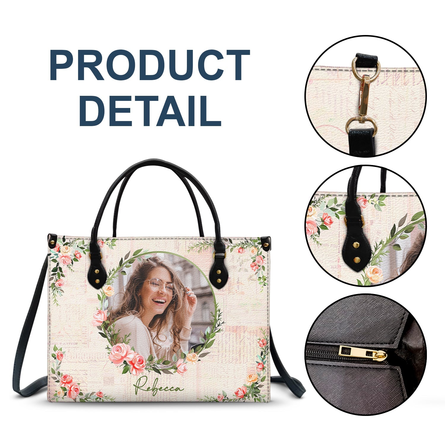 Custom Photo Floral Monogram - Gift For Her - Personalized Leather Bag - Image 6