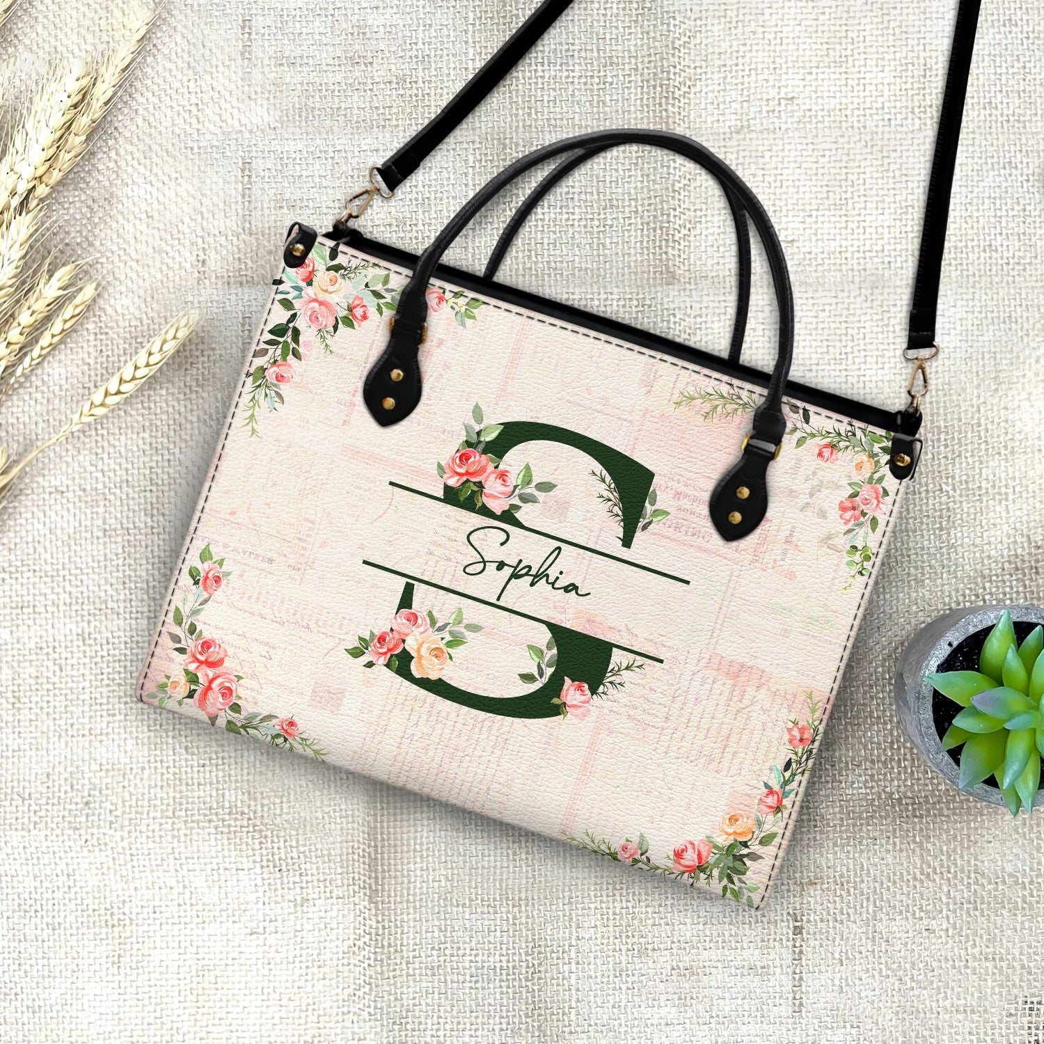 Floral Monogram Name - Gift For Her - Personalized Leather Bag - Image 4