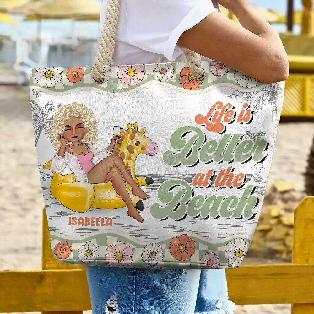 Flamingo Float Just A Girl Who Loves Beach - Personalized Beach Bag - Image 3