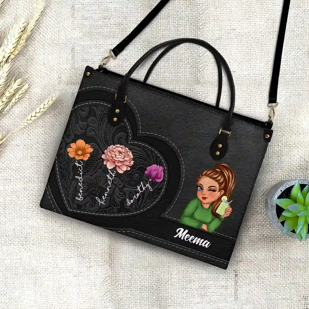Grandma Birth Month Flowers Kids - Personalized Leather Bag - Image 4