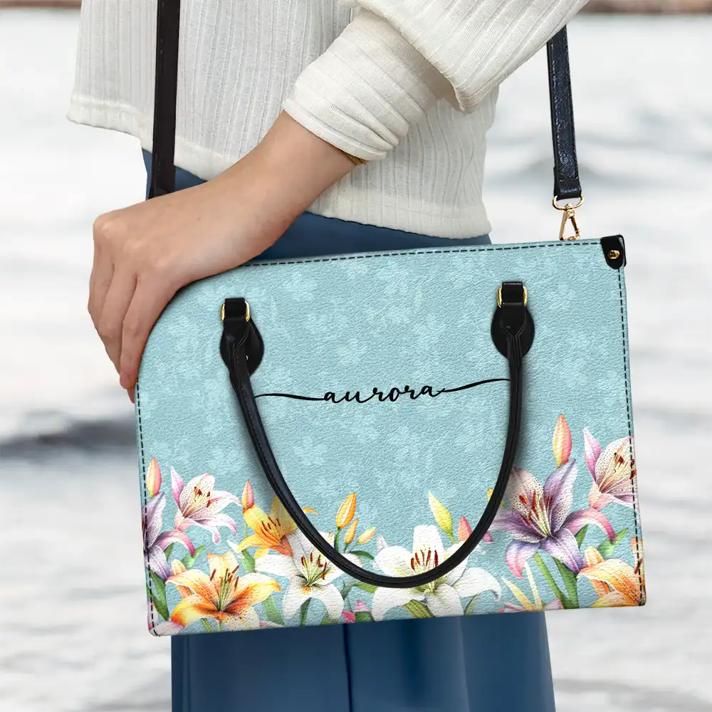 Birth Month Flower Watercolor Blooming In Love - Personalized Leather Bag - Image 3