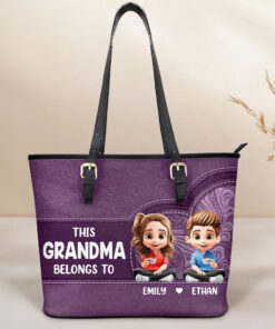 Cartoon Kid This Grandma Belongs To - Personalized Leather Tote Bag