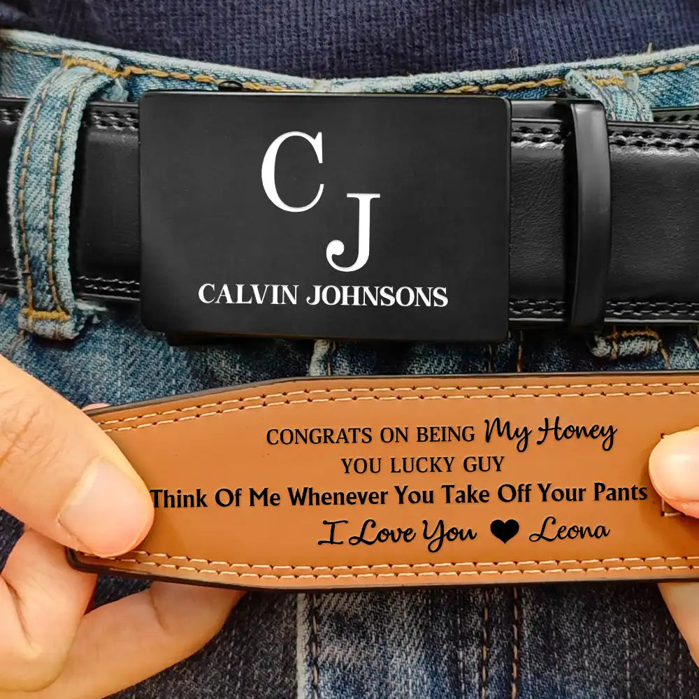 Congrats On Being My Husband You Lucky Man - Personalized Leather Belt With Engraved Buckle - Image 3