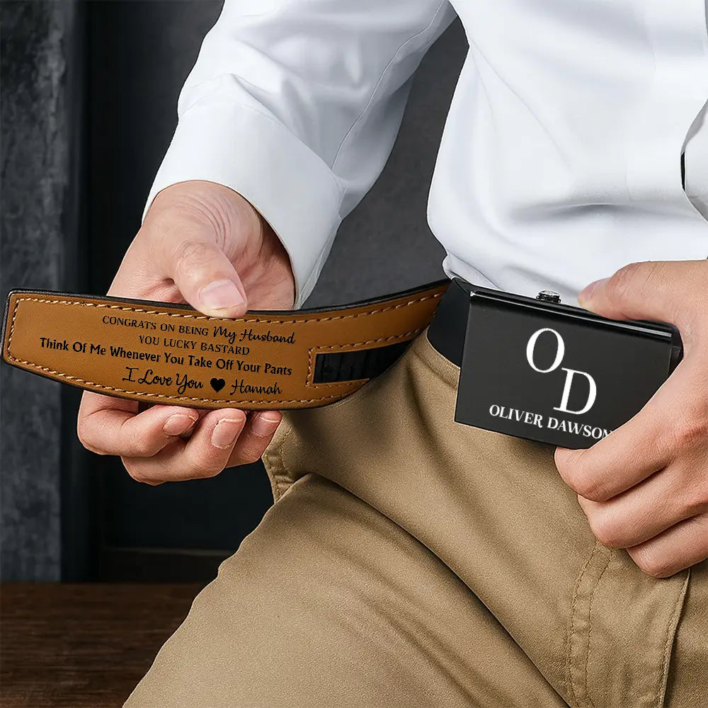 Congrats On Being My Husband You Lucky Man - Personalized Leather Belt With Engraved Buckle - Image 6