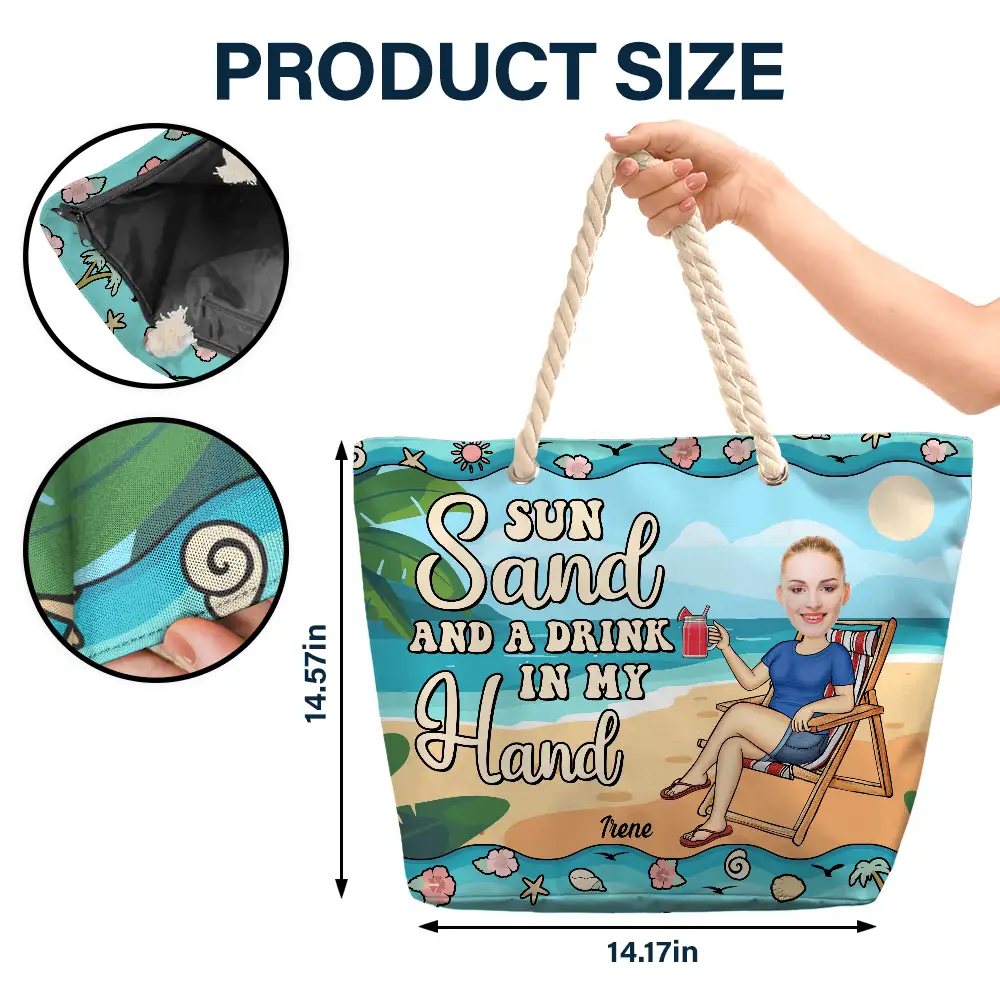 Custom Photo Sun Sand And A Drink In My Hand - Personalized Beach Bag - Image 6