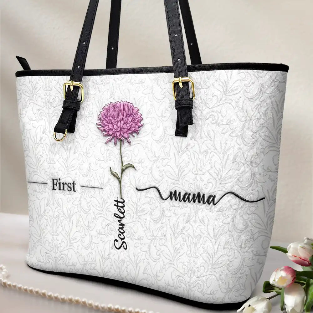 First Mom Now Grandma 3D Effect Birth Flowers - Personalized Leather Tote Bag - Image 2