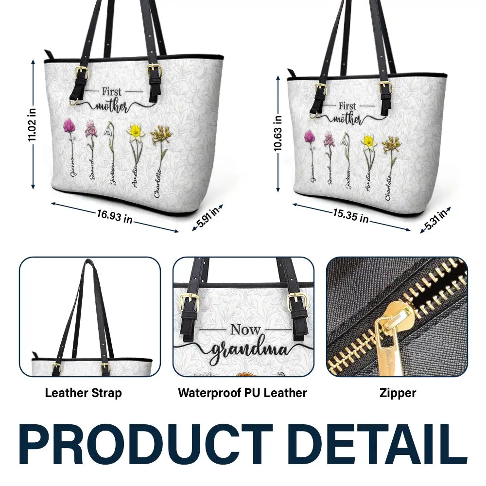 First Mom Now Grandma 3D Effect Birth Flowers - Personalized Leather Tote Bag - Image 6