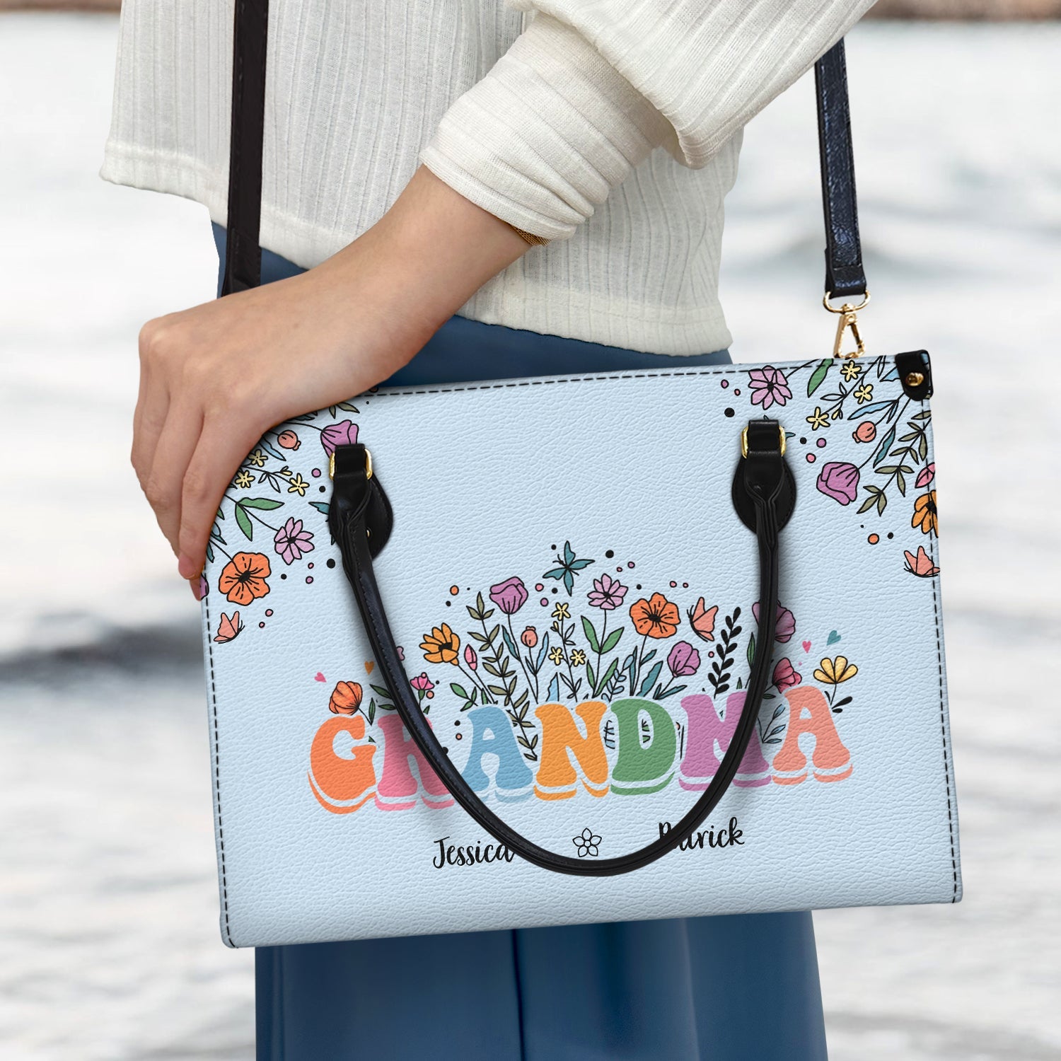 Mom Grandma Floral - Gift For Mother, Grandmother - Personalized Leather Bag - Image 3