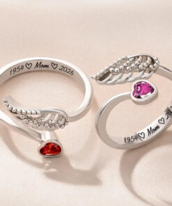 Alternative view of Memorial Family Mom Dad With Name & Year - Personalized Wing And Heart Birthstone Ring