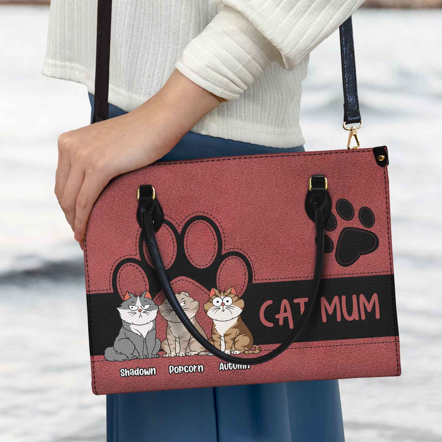 Cat Mom Funny Cartoon Style - Gift For Cat Lovers - Personalized Leather Bag - Image 3