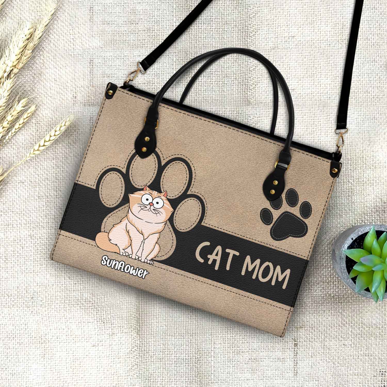 Cat Mom Funny Cartoon Style - Gift For Cat Lovers - Personalized Leather Bag - Image 4