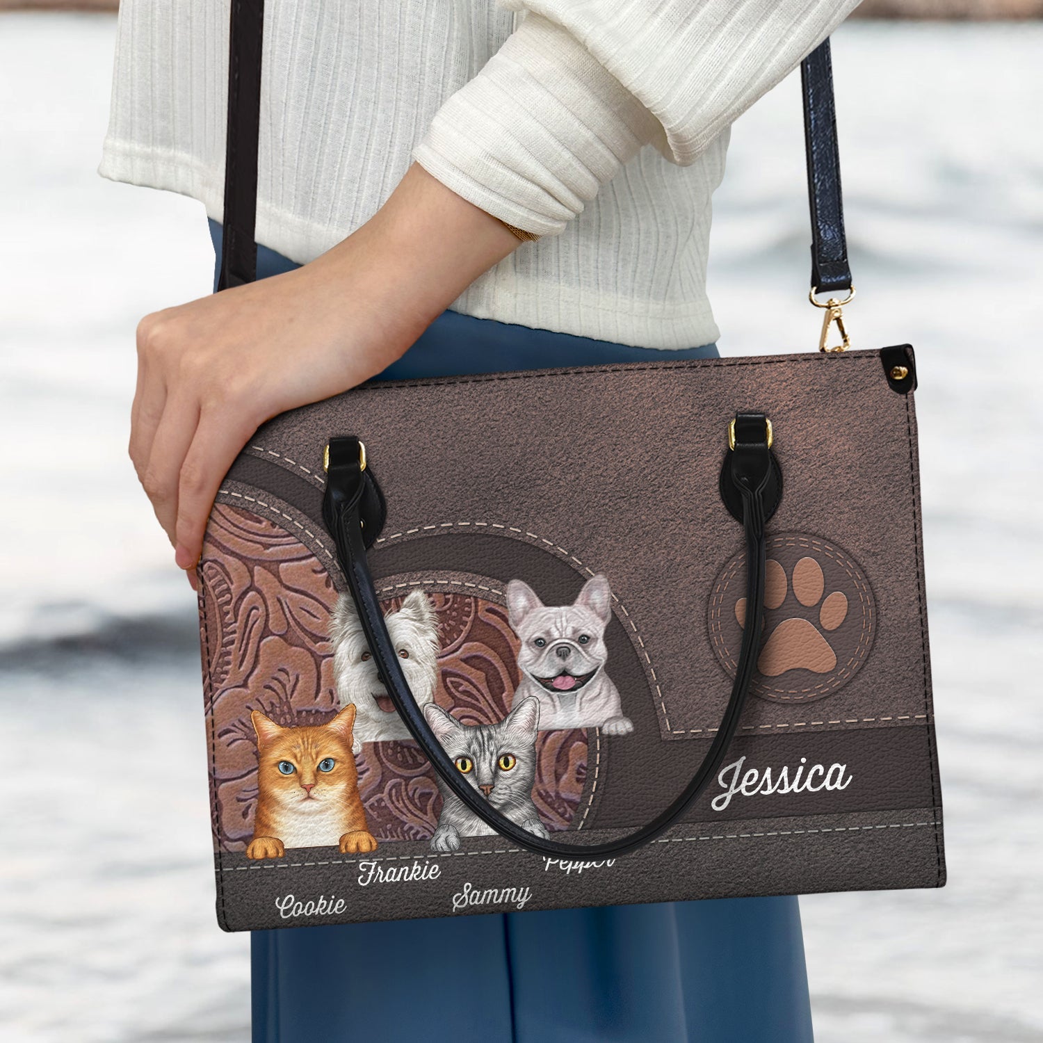 Cute Dogs And Cats Aesthetic Pattern - Birthday, Loving Gift For Pet Lovers, Dog Mom, Cat Mom - Personalized Leather Bag - Image 3