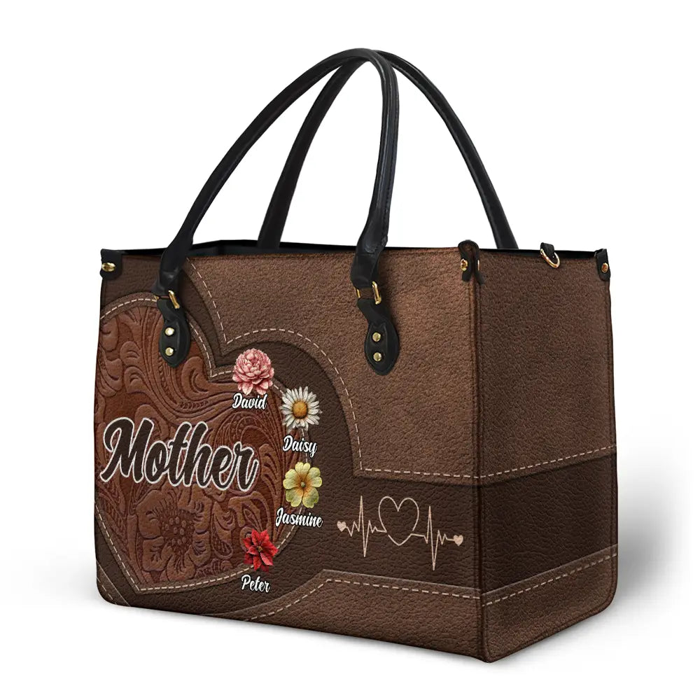 Grandma Mom Kids Birth Flowers Blooming In Love - Personalized Leather Bag - Image 2