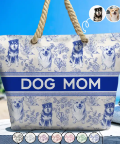 Custom Photo Pencil Sketch Art Dog Mom Pet Mom Toile Pattern - Personalized Beach Bag