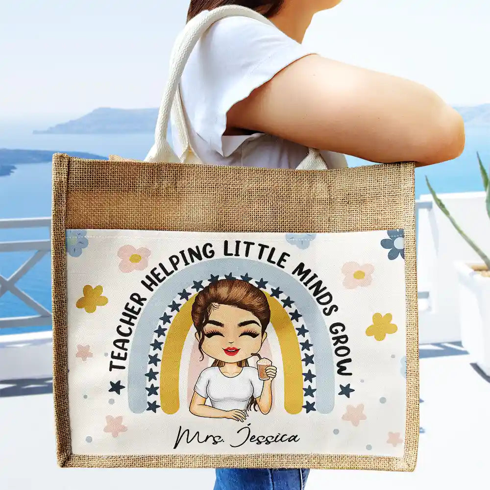 Teacher Helping Little Minds Grow - Personalized Jute Tote Bag - Image 3