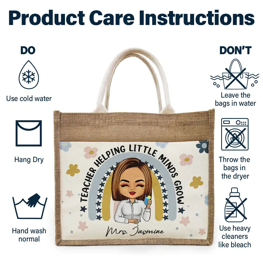 Teacher Helping Little Minds Grow - Personalized Jute Tote Bag - Image 6