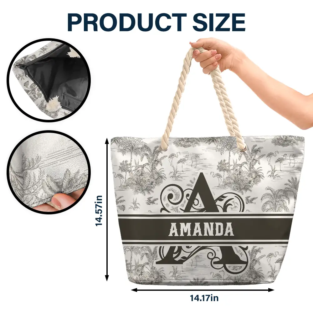 Toile De Jouy Beach Pattern Monogram - Personalized Beach Bag - Image 5