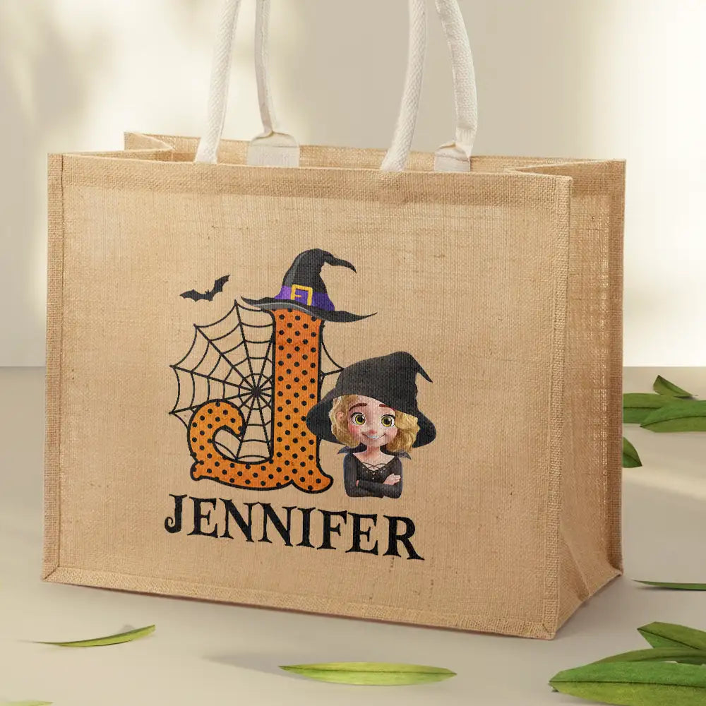 Trick Or Treat Kid Monogram Halloween - Personalized Jute Beach Bag - Image 2