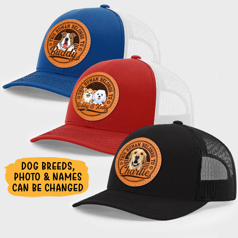 This Human Belongs To Dog, Personalized Trucker Leather Patch Hat, Gifts For Dog Lovers, Custom Photo - Image 2