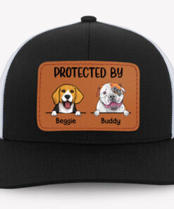 Protected By Dog, Personalized Trucker Leather Patch Hat, Gifts For Dog Lovers, Custom Photo